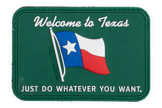 Violent Little Machine Shop Welcome to Texas Morale Patch features a road sign design on PVC with velcro back